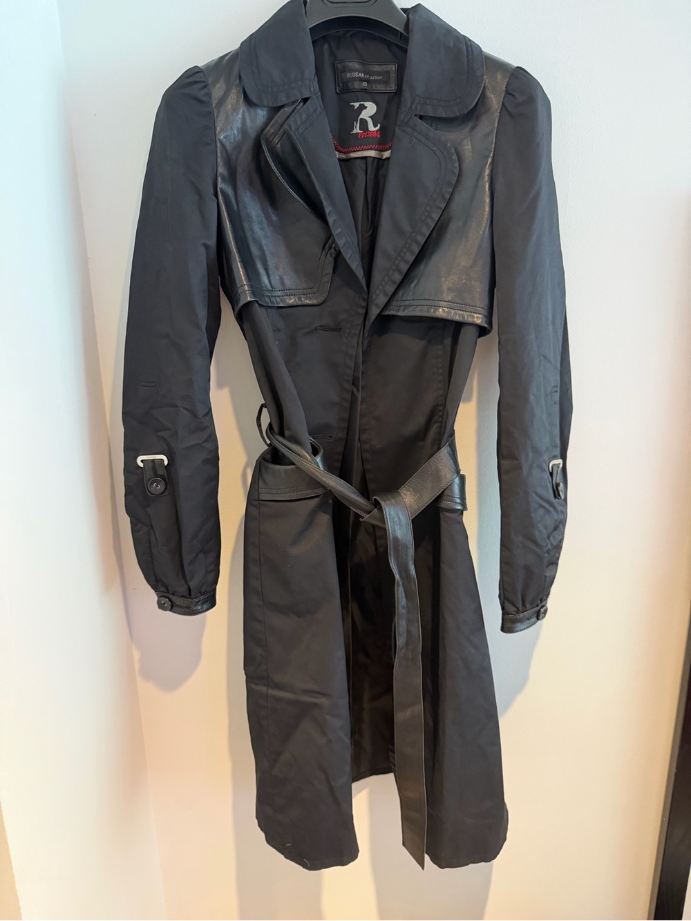 RUDSAK Black Trench Coat with Faux-Leather Yoke and Belt